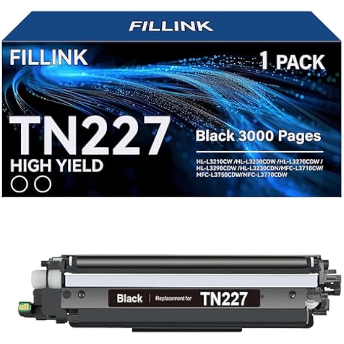 TN227 BLACK TONER CARTRIDGE REPLACEMENT FOR BROTHER TN-227 TN227BK TN-227BK HL-L3210CW HL-L3230CDW HL-L3270CDW MFC-L3750CDW MFC-L3770CD PRINTER HIGH YIELD 1PACK