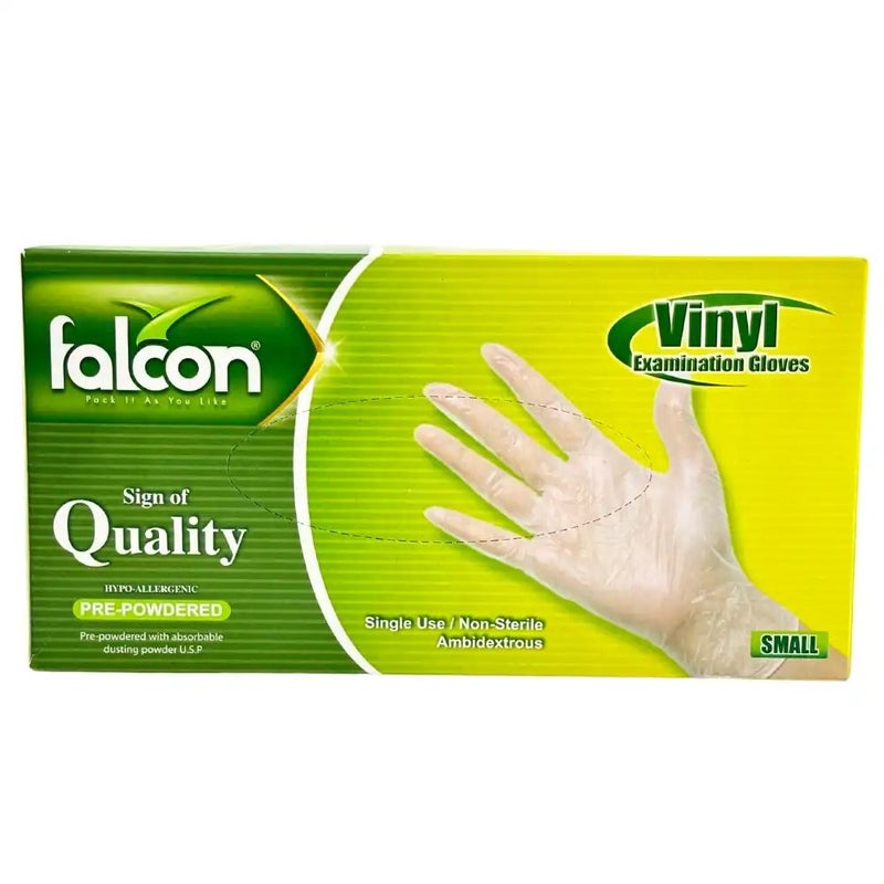 Falcon Vinyl Examination Pre Powdered Hypo Allergenic Disposable Gloves, Small- 100 Gloves - Image 1