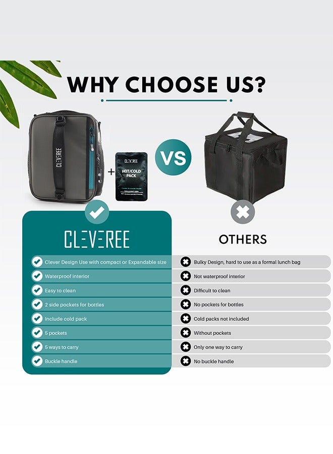 CLEVEREE Insulated Lunch Bag - Cooler Bag - Expandable Lunch Bag suitable for Work Office School Travel - Lunch Bag for Men and Women - Lunch Box Leak proof with Adjustable Shoulder Strap - Grey - Image 3