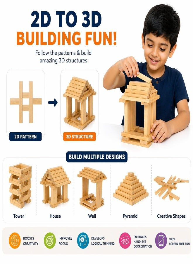 Clapjoy Mind Crafters Wooden Building Planks - Transform 2D Sketches into 3D Structures - 24 Wooden Planks with 20 Unique Design Patterns - Image 2