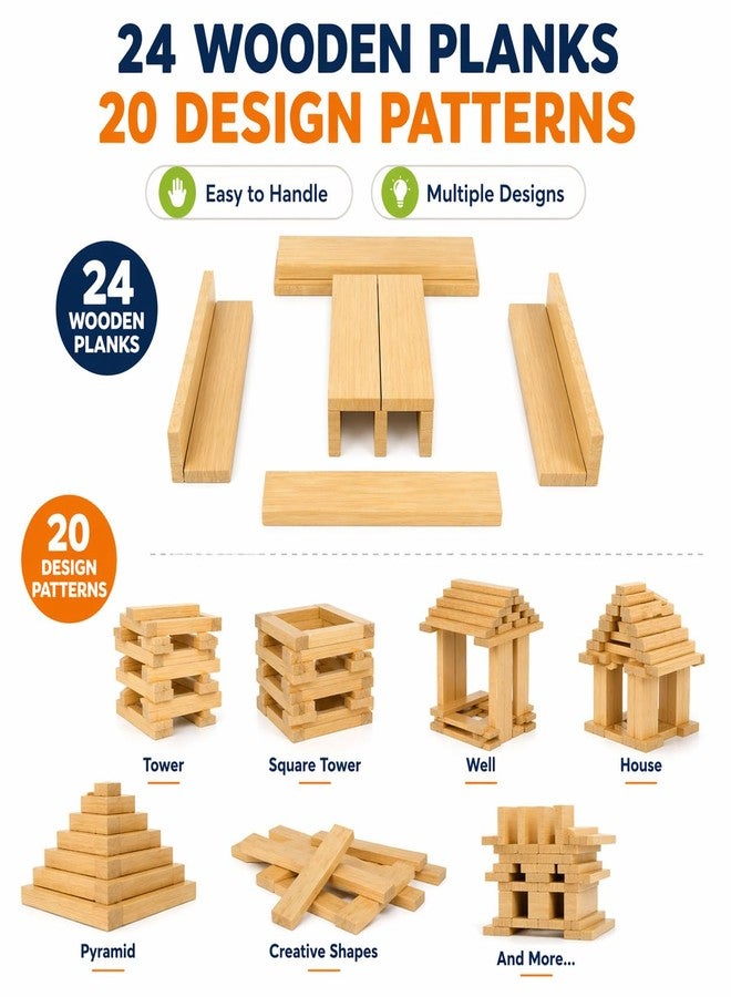 Clapjoy Mind Crafters Wooden Building Planks - Transform 2D Sketches into 3D Structures - 24 Wooden Planks with 20 Unique Design Patterns - Image 3