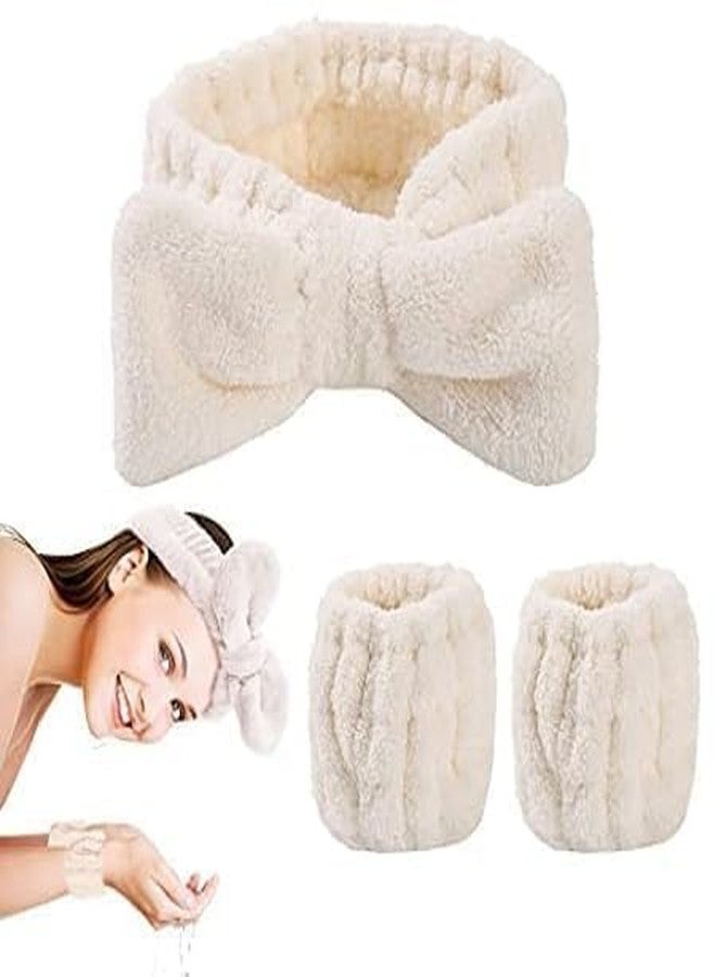 Hidak Makeup Bowknot Headband Spa Headband and Wristband Set for Washing Face Soft for Women Girls Super Absorbent Flannel Sweat Wrist Band Towel for Face Wash Yoga Fitness. - Image 1