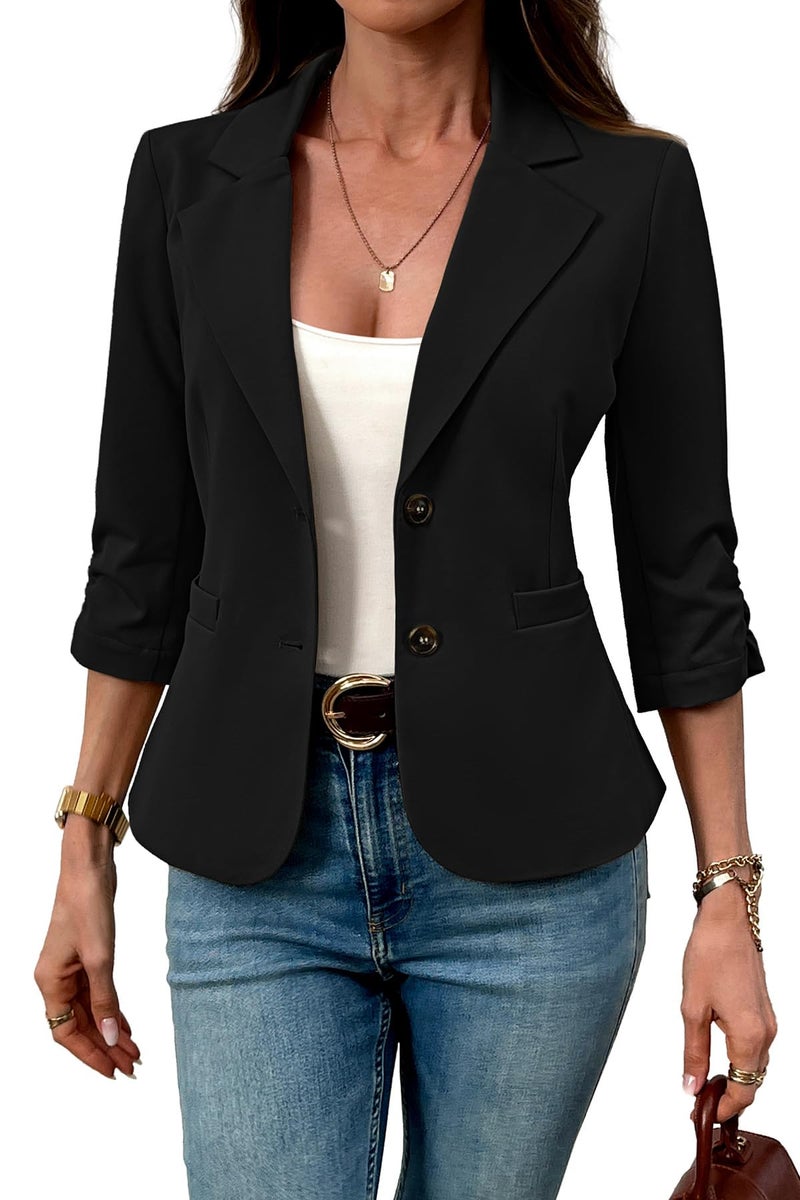ELLEVEN Womens Business Casual Blazers Suit Jacket Slim Fit Ruched 3/4 Sleeve Outfits for Women Crop Stretchy Knit Work Office Petite Blazer with Pockets Lightweight Dressy Summer Black Small - Image 1