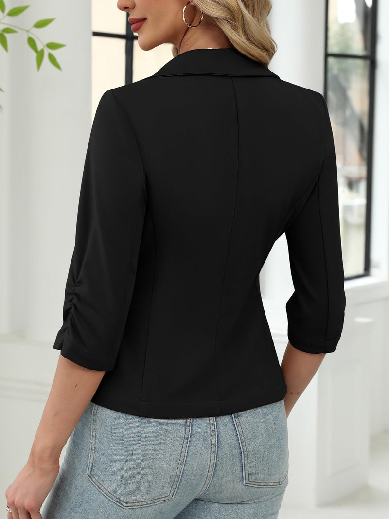 ELLEVEN Womens Business Casual Blazers Suit Jacket Slim Fit Ruched 3/4 Sleeve Outfits for Women Crop Stretchy Knit Work Office Petite Blazer with Pockets Lightweight Dressy Summer Black Small - Image 3