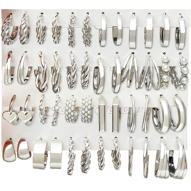 IFKM 24 Pairs Silver Hoop Earrings Set For Women Hypoallergenic Chunky Chain Twisted Open Hoops Dangle Earring Packs For Birthday Party Christmas Fashion Jewelry Gift - Image 1