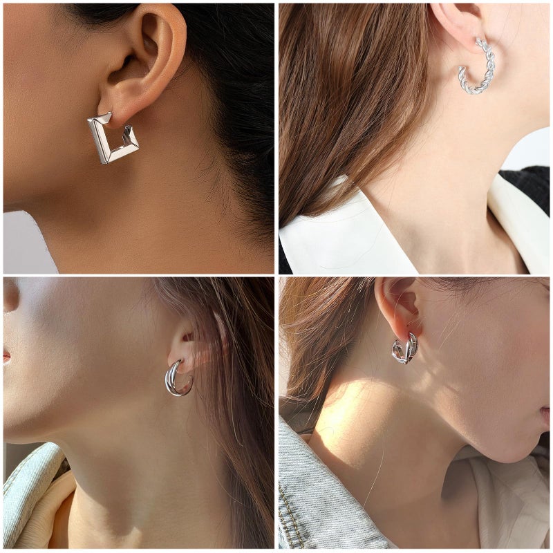 IFKM 24 Pairs Silver Hoop Earrings Set For Women Hypoallergenic Chunky Chain Twisted Open Hoops Dangle Earring Packs For Birthday Party Christmas Fashion Jewelry Gift - Image 3