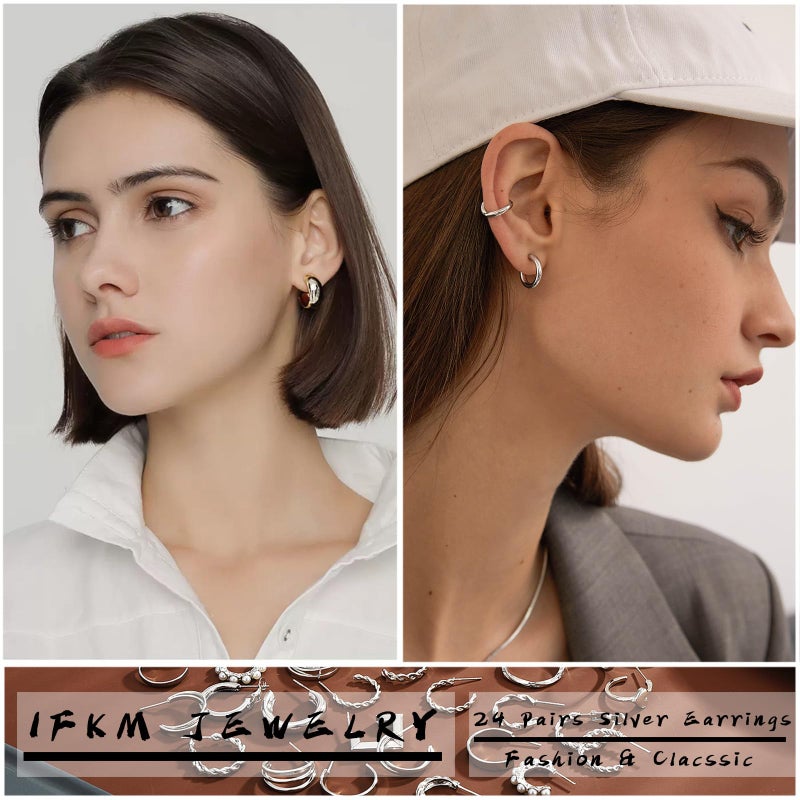 IFKM 24 Pairs Silver Hoop Earrings Set For Women Hypoallergenic Chunky Chain Twisted Open Hoops Dangle Earring Packs For Birthday Party Christmas Fashion Jewelry Gift - Image 2