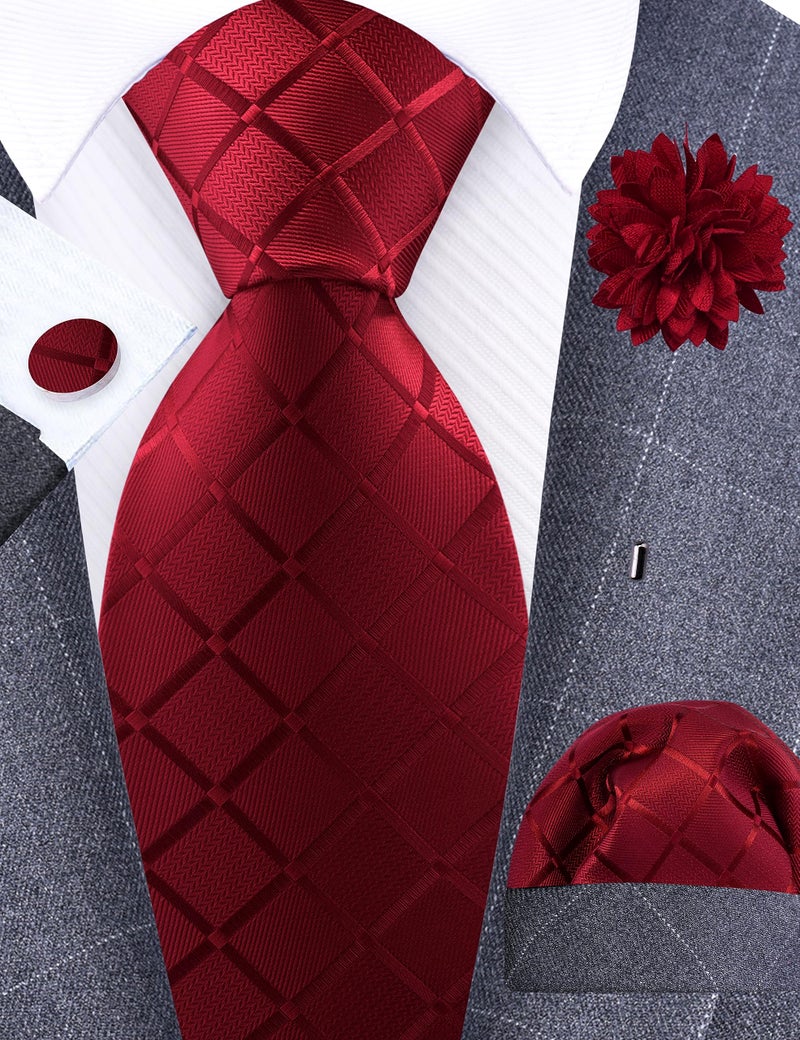 GUSLESON Burgundy Mens Plaid Checkered Wedding Necktie Pocket Square Cufflinks and Lapel Pin Brooch Set (IN6104-25) - Image 2