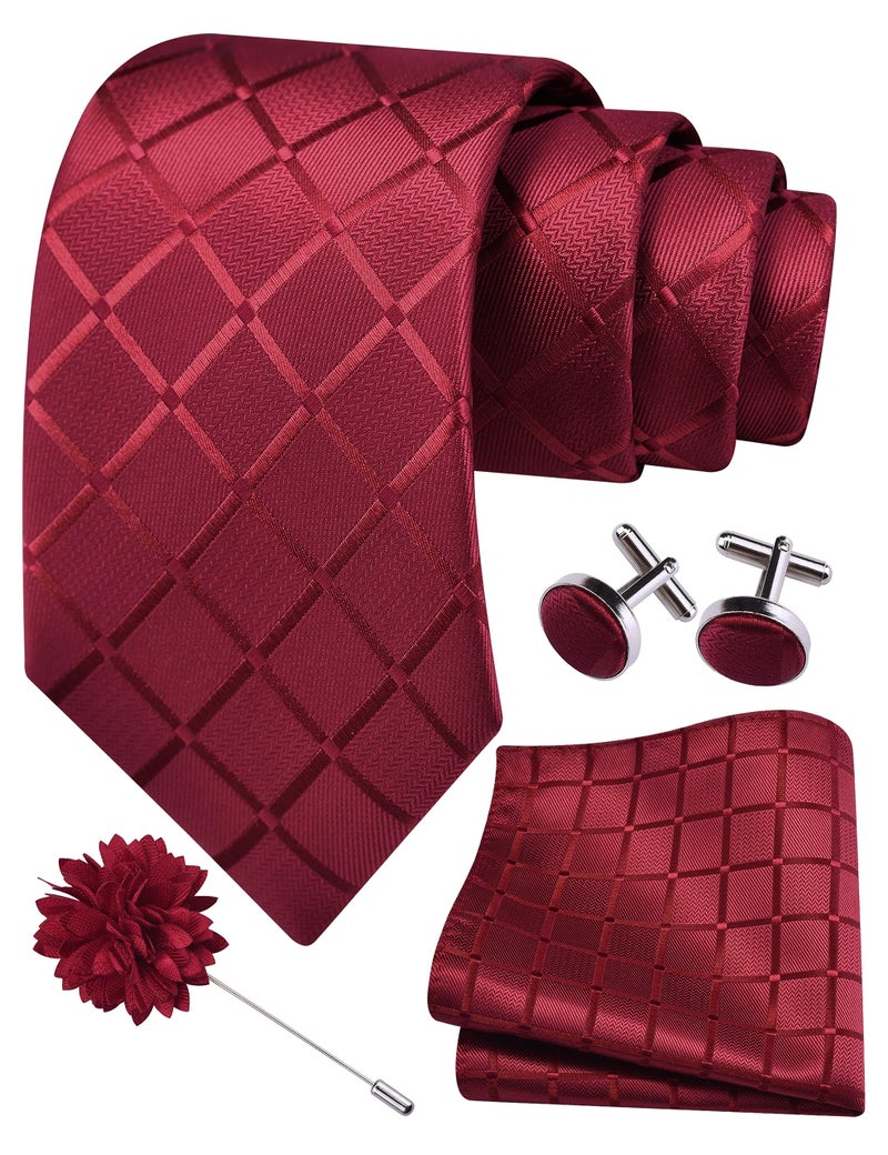 GUSLESON Burgundy Mens Plaid Checkered Wedding Necktie Pocket Square Cufflinks and Lapel Pin Brooch Set (IN6104-25) - Image 1