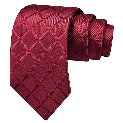 GUSLESON Burgundy Mens Plaid Checkered Wedding Necktie Pocket Square Cufflinks and Lapel Pin Brooch Set (IN6104-25) - Image 3