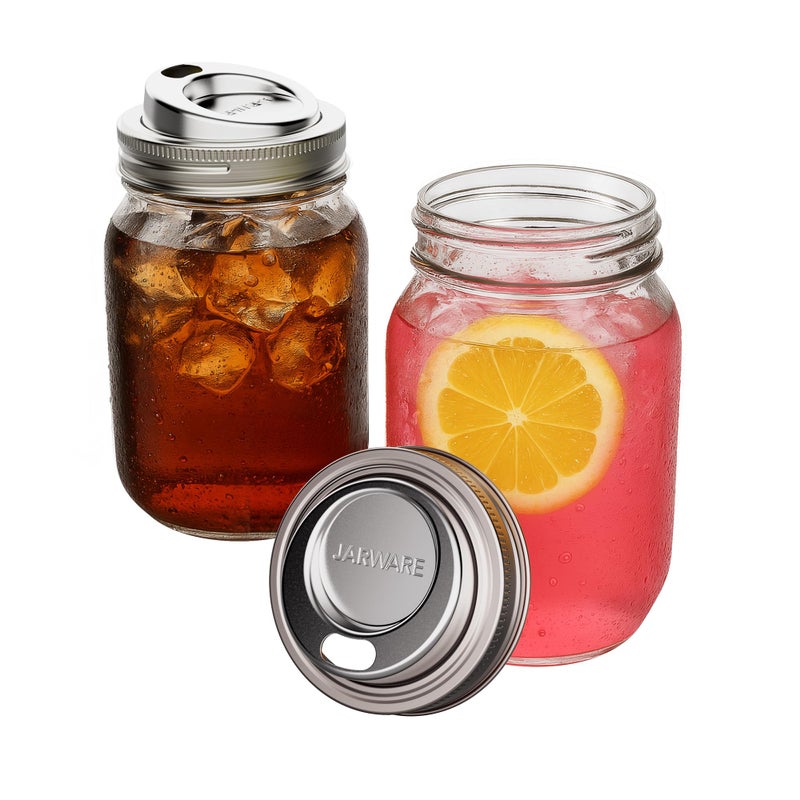 Jarware Stainless Steel Drink Lids For Regular Mouth Mason Jars, Set of 2, 2.63" x 0.75" Jar Drink Lids - Image 1