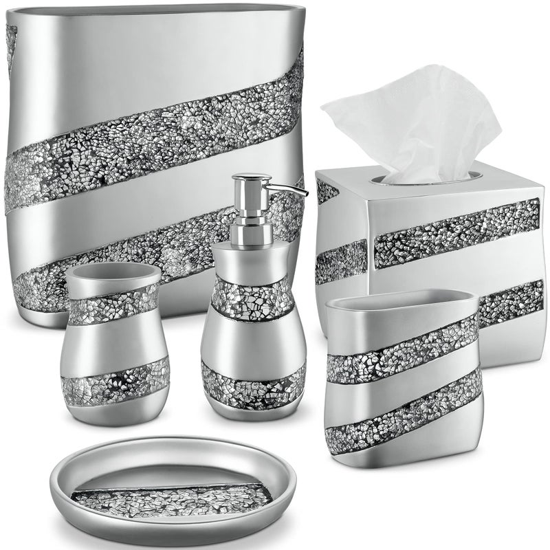 Creative Scents Creative Scents Silver Mosaic Bathroom Accessories Set Complete  6 Piece Bathroom Set Includes Bathroom Trash Can Tissue Cover Soap Dispenser Toothbrush Holder Tumbler  Soap Dish 