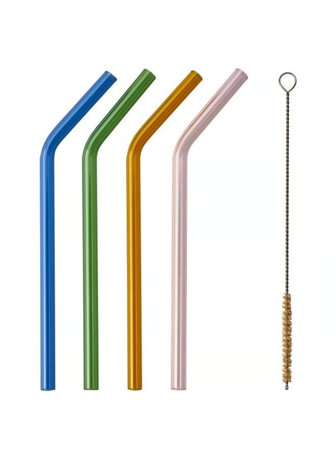 Clear Glass Straws,And colorful  Set, 5 Pieces - 4 x Straws, 1 x Brush, Suitable for Drinking and Juice Multi-colour