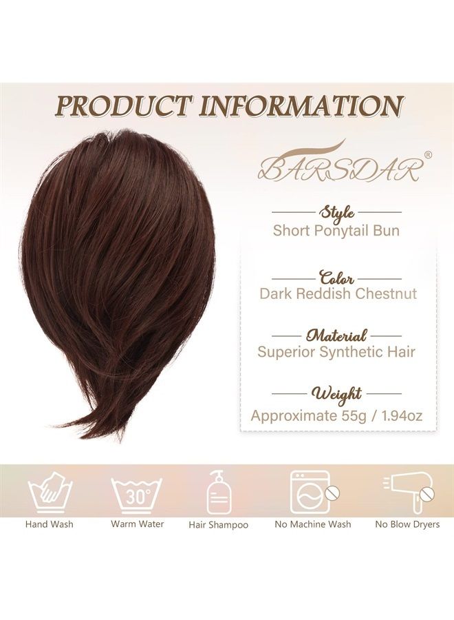 BARSDAR Hair Bun Ponytail Extension, Straight Synthetic Hairpiece Fully Short Ponytail Bun Extensions Hair Accessories Elastic Easy Scrunchie for Women (Dark Reddish Chestnut) - Image 4