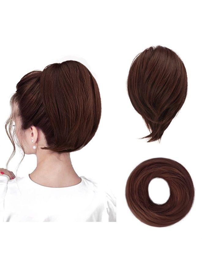BARSDAR Hair Bun Ponytail Extension, Straight Synthetic Hairpiece Fully Short Ponytail Bun Extensions Hair Accessories Elastic Easy Scrunchie for Women (Dark Reddish Chestnut) - Image 1