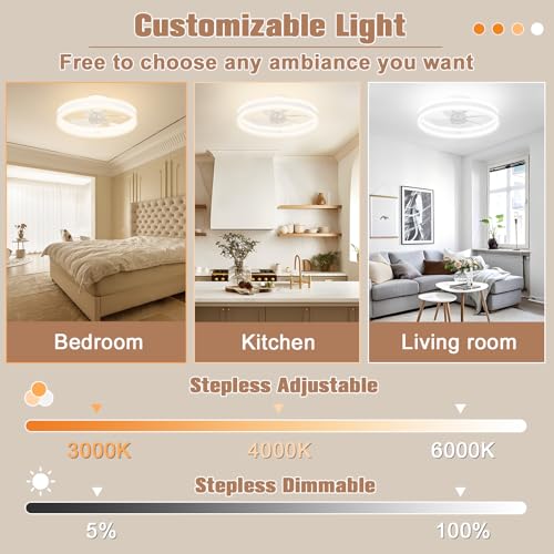 VOLISUN Fandelier Ceiling Fans with Lights and Remote, 15.7in Low Profile Ceiling Fan Flush Mount, 3000K-6500K Dimmable Bladeless LED Fan Light, White Modern Ceiling Fans with Lights for Bedroom - Image 2