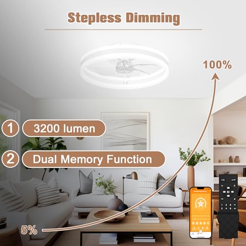 VOLISUN Fandelier Ceiling Fans with Lights and Remote, 15.7in Low Profile Ceiling Fan Flush Mount, 3000K-6500K Dimmable Bladeless LED Fan Light, White Modern Ceiling Fans with Lights for Bedroom - Image 4