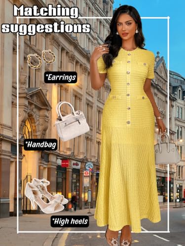 ShawGobow Knit Midi Dress,Short Sleeve Easter Dresses for Women Church,Elegant Casual Work Office Outfits Yellow Large - Image 5