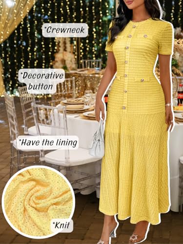 ShawGobow Knit Midi Dress,Short Sleeve Easter Dresses for Women Church,Elegant Casual Work Office Outfits Yellow Large - Image 4