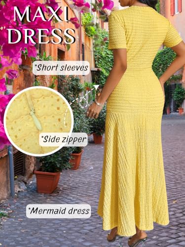 ShawGobow Knit Midi Dress,Short Sleeve Easter Dresses for Women Church,Elegant Casual Work Office Outfits Yellow Large - Image 3