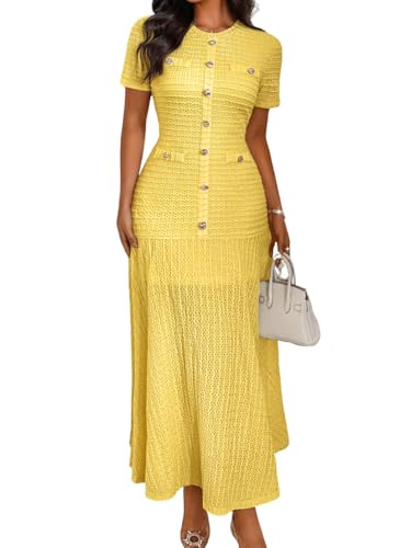 ShawGobow Knit Midi Dress,Short Sleeve Easter Dresses for Women Church,Elegant Casual Work Office Outfits Yellow Large - Image 1