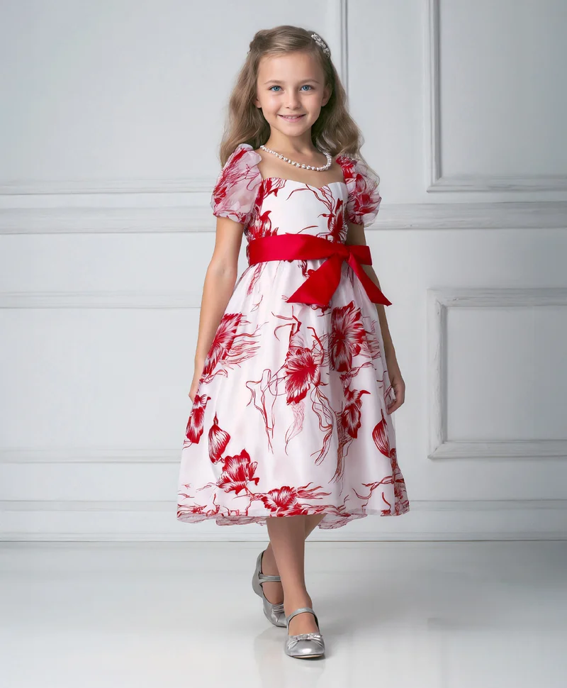 مارك وميا فستان مارك وميا مطبوع بالزهور مزين بفيونكة - أبيض وأحمر