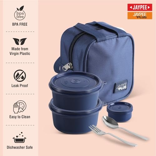Jaypee Plus Home Bytes Lunch Box for Office 830 ml Air Tight 3 Container (2-390 ml,1-50 ml) Spillproof 2 Microwave Safe Inner Stainless Steel Container with Insulated Bag, Spoon & Fork, Blue - Image 2