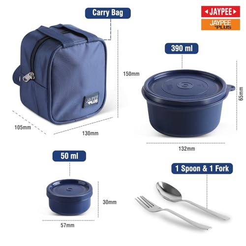 Jaypee Plus Home Bytes Lunch Box for Office 830 ml Air Tight 3 Container (2-390 ml,1-50 ml) Spillproof 2 Microwave Safe Inner Stainless Steel Container with Insulated Bag, Spoon & Fork, Blue - Image 3
