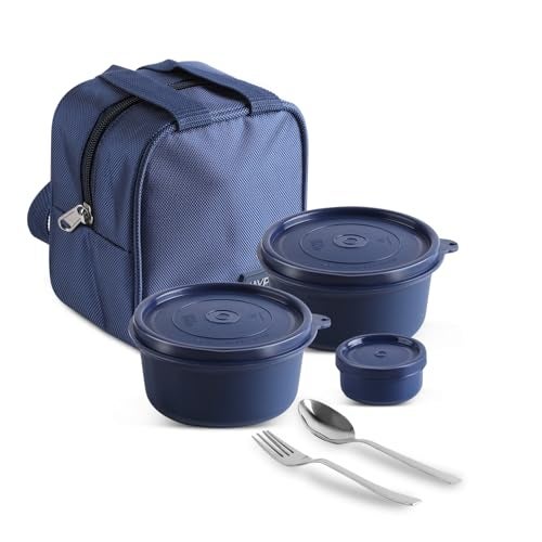 Jaypee Plus Home Bytes Lunch Box for Office 830 ml Air Tight 3 Container (2-390 ml,1-50 ml) Spillproof 2 Microwave Safe Inner Stainless Steel Container with Insulated Bag, Spoon & Fork, Blue - Image 1
