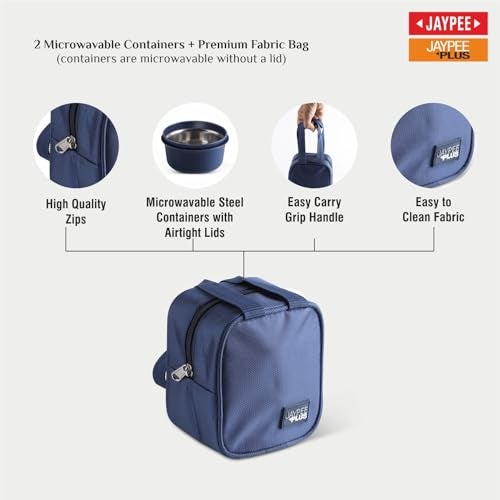 Jaypee Plus Home Bytes Lunch Box for Office 830 ml Air Tight 3 Container (2-390 ml,1-50 ml) Spillproof 2 Microwave Safe Inner Stainless Steel Container with Insulated Bag, Spoon & Fork, Blue - Image 5