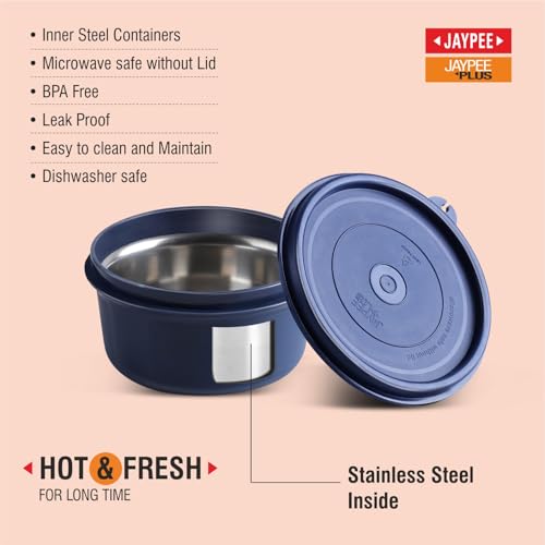 Jaypee Plus Home Bytes Lunch Box for Office 830 ml Air Tight 3 Container (2-390 ml,1-50 ml) Spillproof 2 Microwave Safe Inner Stainless Steel Container with Insulated Bag, Spoon & Fork, Blue - Image 4