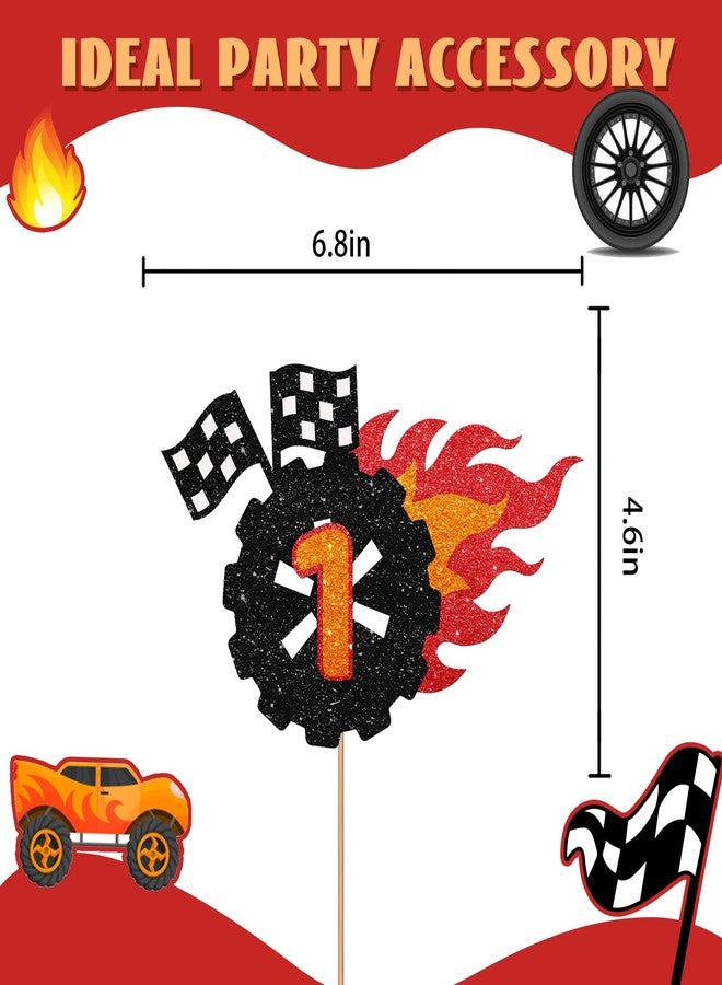 SUPERLUBY Race Car 1st Birthday Cake Topper, Wheel 1 Cake Topper for Boys, Fire Car Fast One Cake Decor, Let's Go Racing Themed 1st Birthday Party Decoration - Black Glitter - Image 2