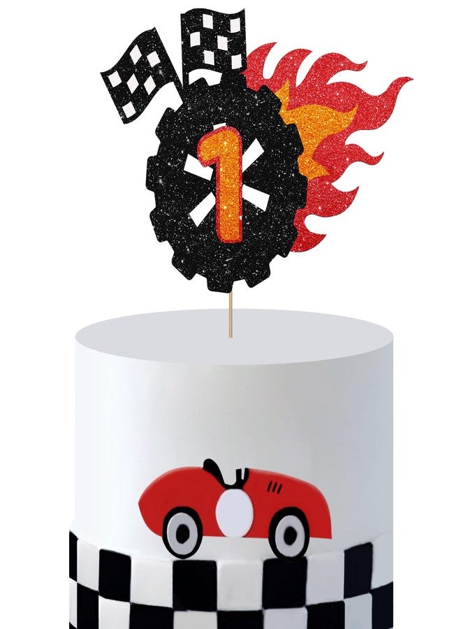 SUPERLUBY Race Car 1st Birthday Cake Topper, Wheel 1 Cake Topper for Boys, Fire Car Fast One Cake Decor, Let's Go Racing Themed 1st Birthday Party Decoration - Black Glitter - Image 1