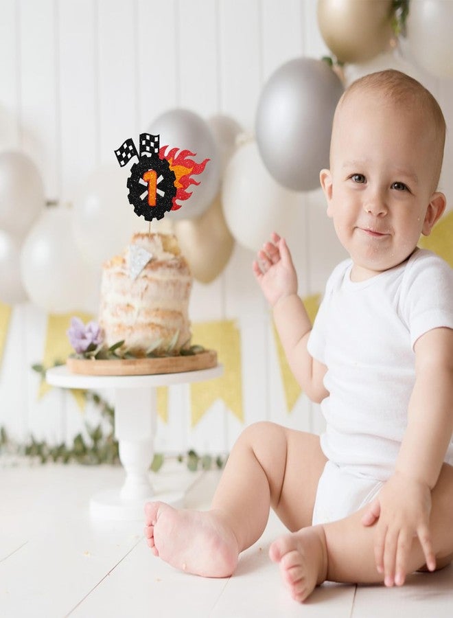 SUPERLUBY Race Car 1st Birthday Cake Topper, Wheel 1 Cake Topper for Boys, Fire Car Fast One Cake Decor, Let's Go Racing Themed 1st Birthday Party Decoration - Black Glitter - Image 5