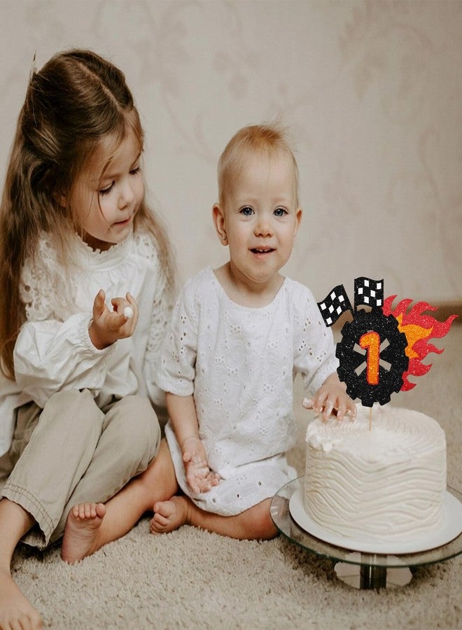 SUPERLUBY Race Car 1st Birthday Cake Topper, Wheel 1 Cake Topper for Boys, Fire Car Fast One Cake Decor, Let's Go Racing Themed 1st Birthday Party Decoration - Black Glitter - Image 4