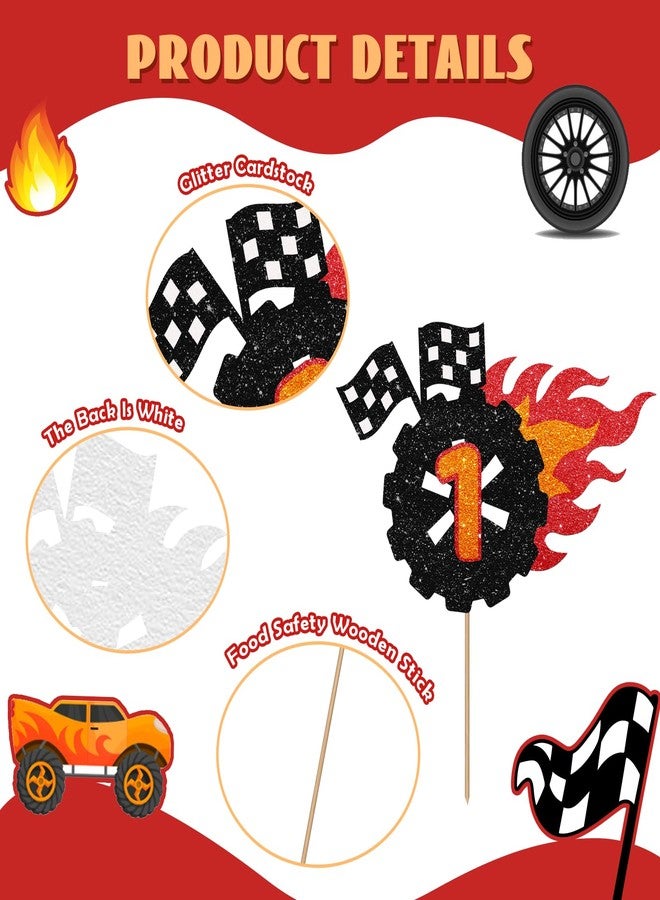 SUPERLUBY Race Car 1st Birthday Cake Topper, Wheel 1 Cake Topper for Boys, Fire Car Fast One Cake Decor, Let's Go Racing Themed 1st Birthday Party Decoration - Black Glitter - Image 3