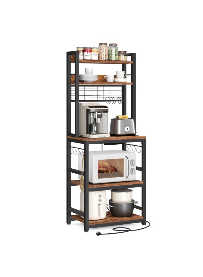 VASAGLE Kitchen Storage Rack with Power Outlet, Coffee Bar, Baker's Rack, with Metal Wire Panel, 14 Hooks, for Microwave, Steel Frame, 40 x 60 x 170 cm, Rustic Brown and Ink Black - Image 1