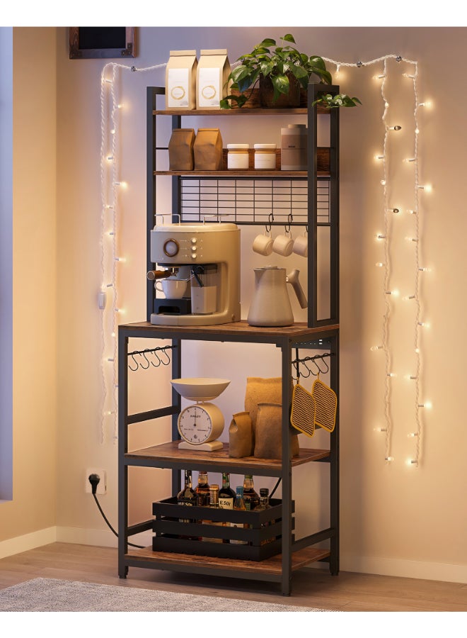 VASAGLE Kitchen Storage Rack with Power Outlet, Coffee Bar, Baker's Rack, with Metal Wire Panel, 14 Hooks, for Microwave, Steel Frame, 40 x 60 x 170 cm, Rustic Brown and Ink Black - Image 3