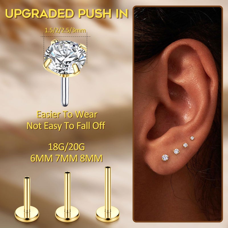 FUNRUN JEWELRY 14K Gold Nose Studs For Women 316L Surgical Steel Nose Ring Lip Studs Push In Flat Back Stud Earrings Cz Nose Nostril Tragus Helix Piercing Jewelry Silver Gold 20G 18G, G-20G-8mm - Image 2
