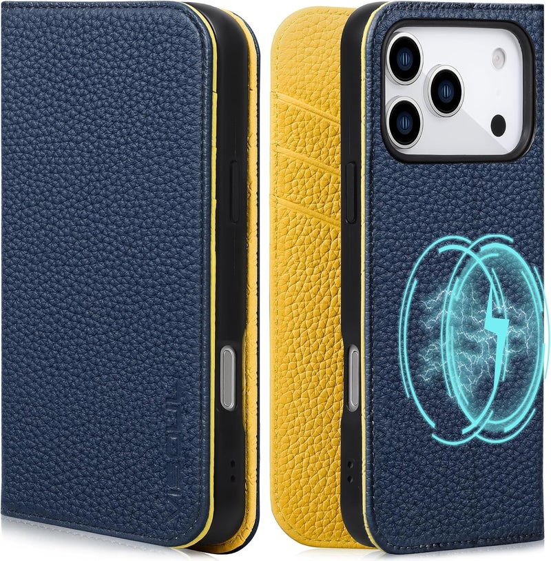 VISOUL Genuine Leather Wallet Case for iPhone 17 Pro 6.3-inch 5G 2025, RFID Blocking, Magnetic, Wireless Charging, 3 Card Holders, Kickstand, Shockproof TPU Shell, ProtectiveJewel Blue+Yellow - Image 1