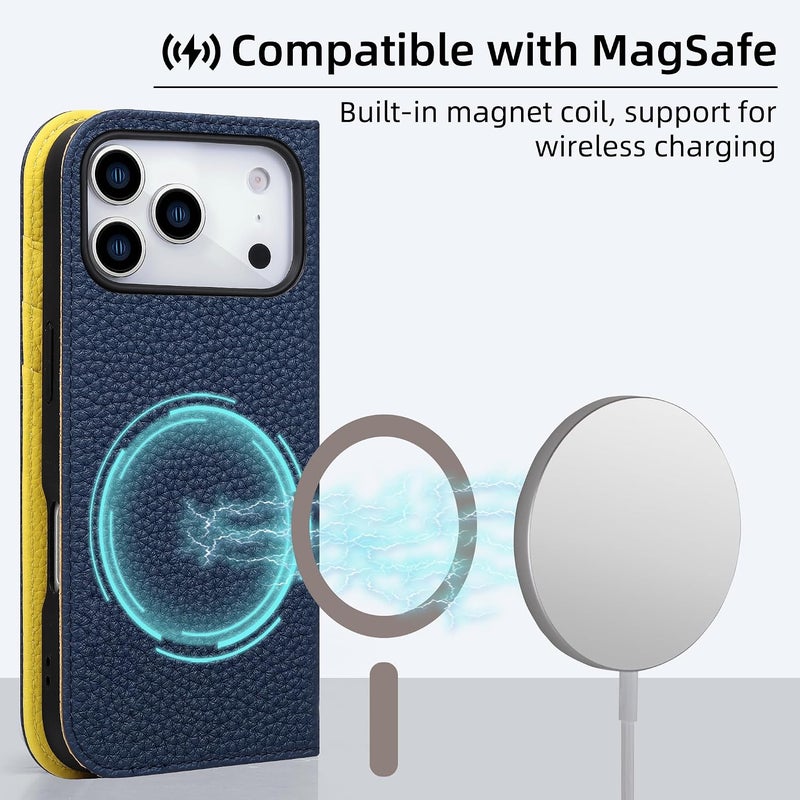 VISOUL Genuine Leather Wallet Case for iPhone 17 Pro 6.3-inch 5G 2025, RFID Blocking, Magnetic, Wireless Charging, 3 Card Holders, Kickstand, Shockproof TPU Shell, ProtectiveJewel Blue+Yellow - Image 4