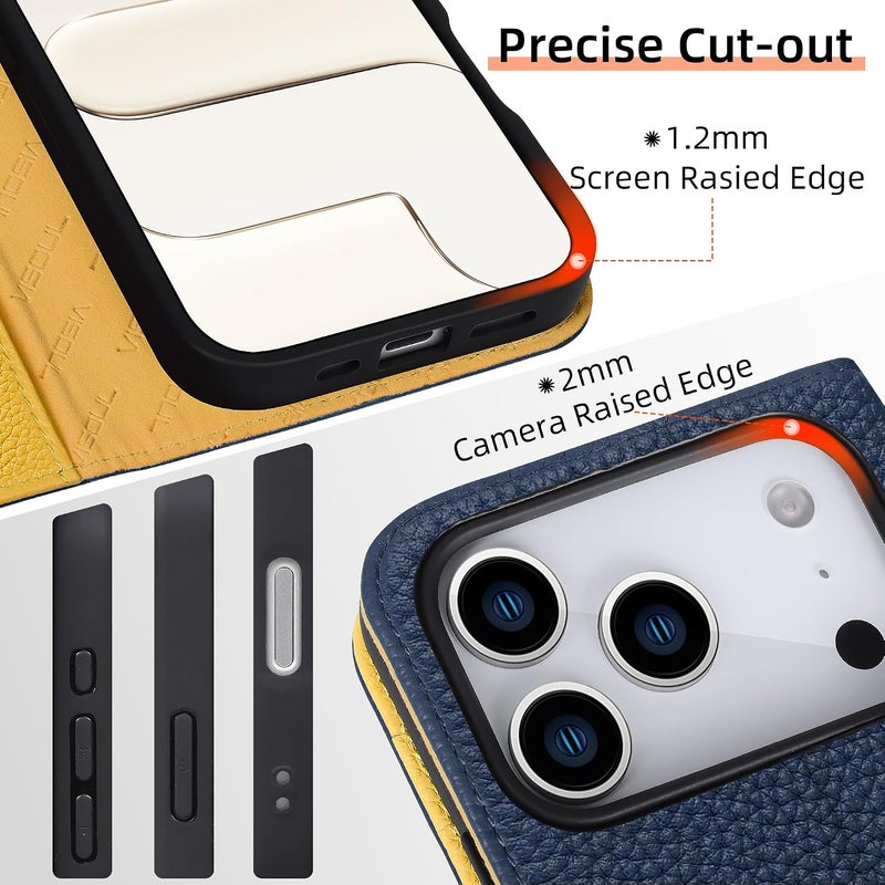 VISOUL Genuine Leather Wallet Case for iPhone 17 Pro 6.3-inch 5G 2025, RFID Blocking, Magnetic, Wireless Charging, 3 Card Holders, Kickstand, Shockproof TPU Shell, ProtectiveJewel Blue+Yellow - Image 5