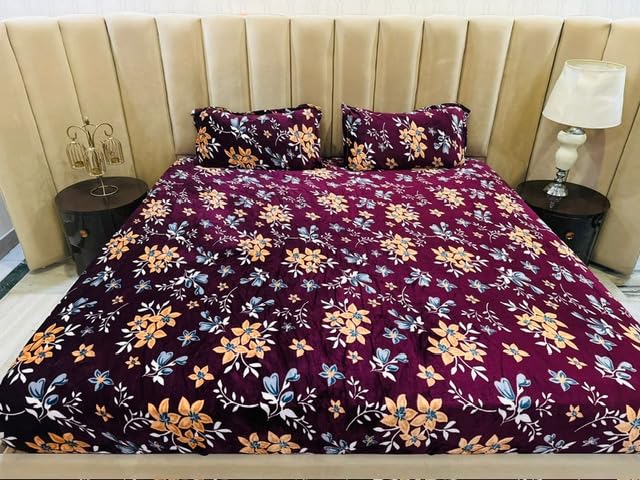 D IMPORTS D IMPORTS Diwali Special Super Soft Warm Winter fleno Elastic Fitted bedsheets for Double Bed King Size 90x100 inches with 2 Pillow Covers Special Diwali Gift Bag Packing Maroon Star  - Image 1