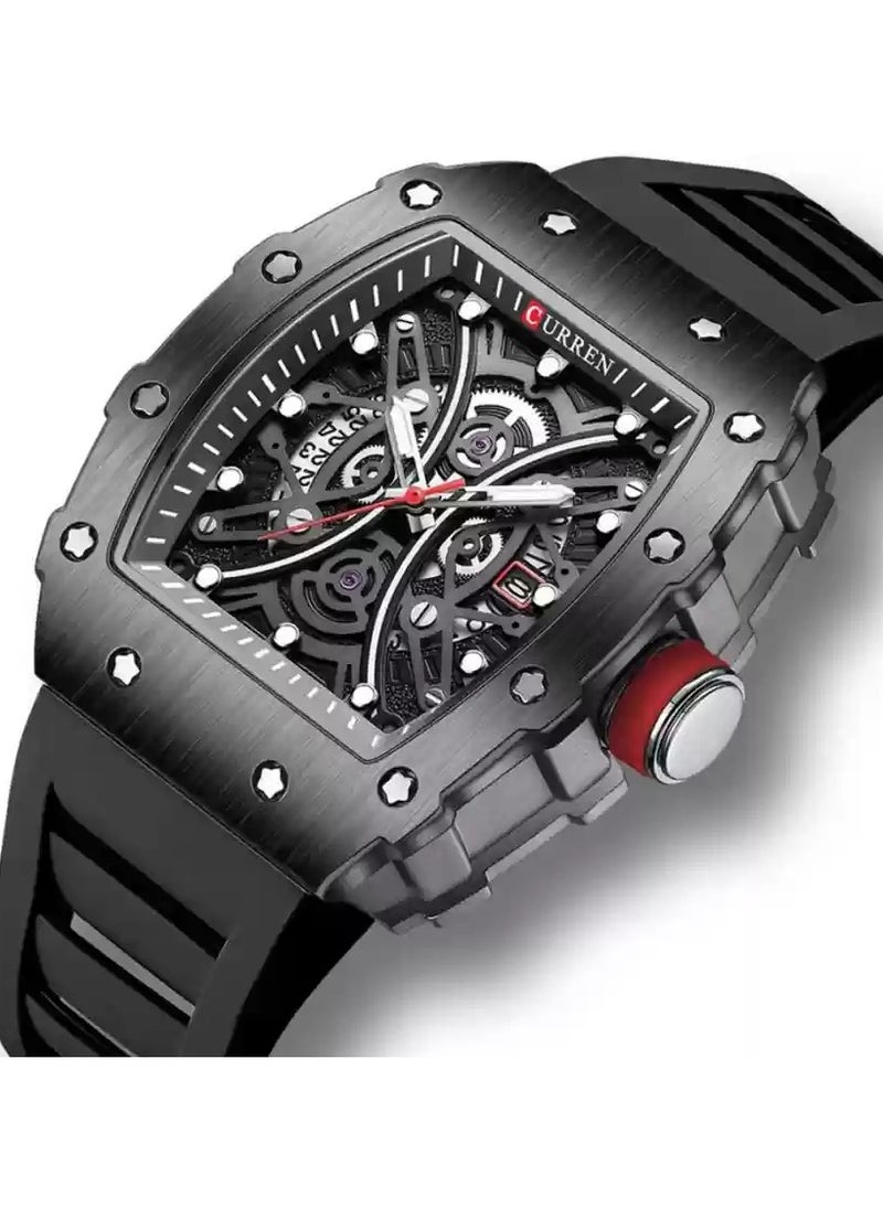 CURREN - CURREN 8438 New Square Luminous Watch for Men Sport Casual Silicone Bracelet Hollow Auto Date Dial Wrist Watch - Image 1
