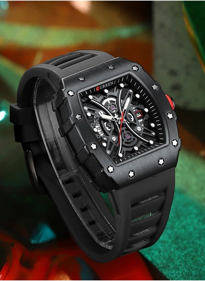 CURREN - CURREN 8438 New Square Luminous Watch for Men Sport Casual Silicone Bracelet Hollow Auto Date Dial Wrist Watch - Image 1