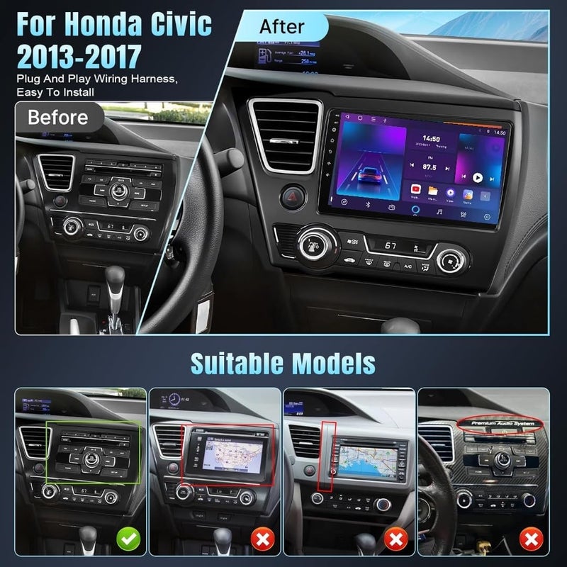 Vierex Fit Honda Civic Car Stereo Honda Civic 9th Android Screen 2013-2017, CarPlay & Android Auto, Wireless GPS Navigation, BT, WiFi, AHD Camera, Radio (2+32GB Carplay 4CORE) - Image 2