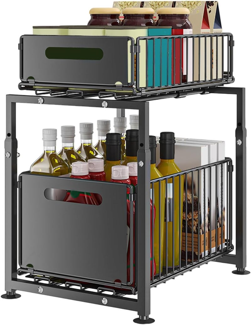 SALADAYS 2-Tier Pull-Out Metal Storage Rack for Kitchen Under Sink & Cabinets – Heavy-Duty Iron Organizer with Slide-Out Baskets, 41–49cm Adjustable Height, 29x37.5cm Base - Image 1