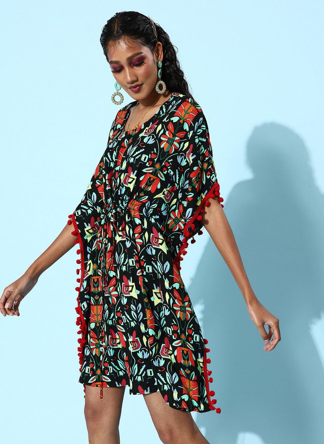 StyleStone فستان كفتان نسائي أنيق أسود مزخرف بالزهور من ستايل ستون - Image 3