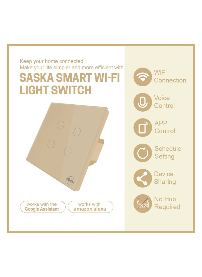 Saska Smart Tuya Wifi Touch Light Switch (SJ-A1) Smartlife App Remote Control, Timing Function Voice Control - No Neutral No Hub Needed (2 Gang, Gold)
