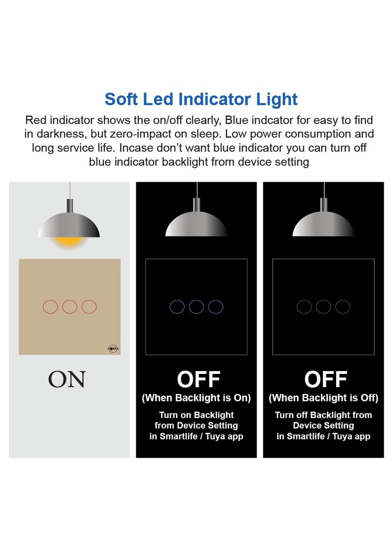 Saska Smart Tuya Wifi Touch Light Switch (SJ-A1) Smartlife App Remote Control, Timing Function Voice Control - No Neutral No Hub Needed (2 Gang, Gold)